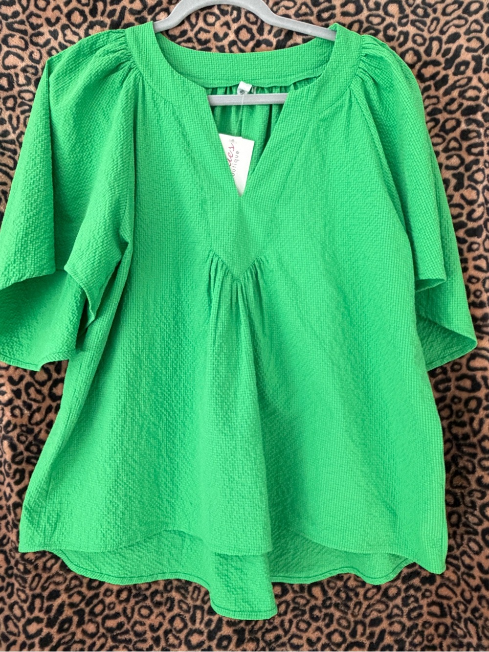 glam Bright Green Textured V-Neck Blouse
